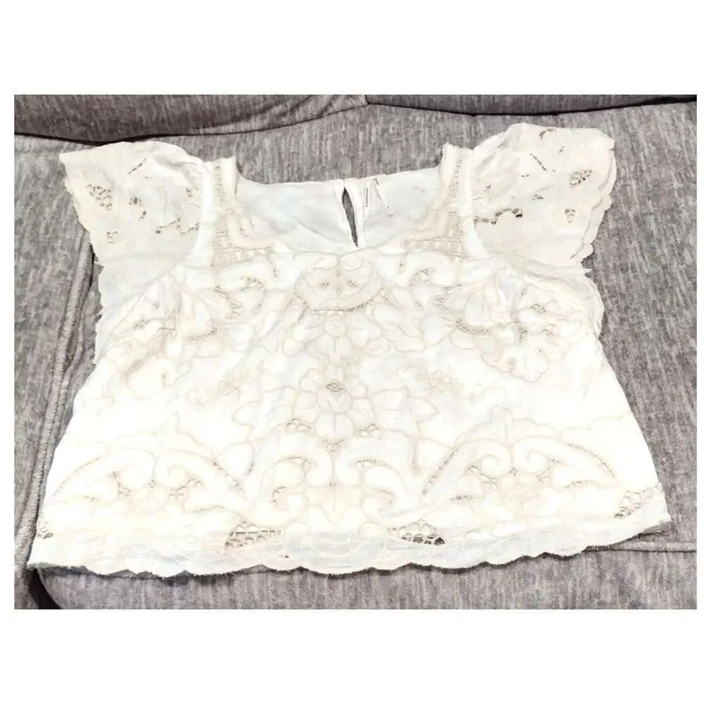 Anthropologie XL Lainie Embroidered Lace Cutwork Blouse Cream Boho Chic Coastal - Picture 9 of 10